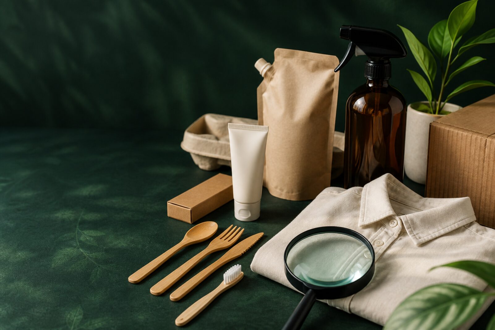 Sustainable product examples on a green surface with a magnifying glass